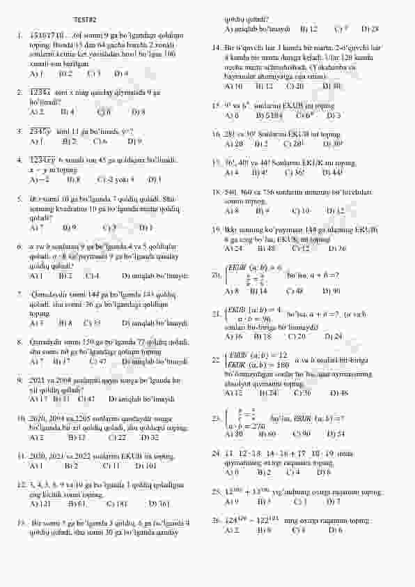 Matematika fanidan testlar 2