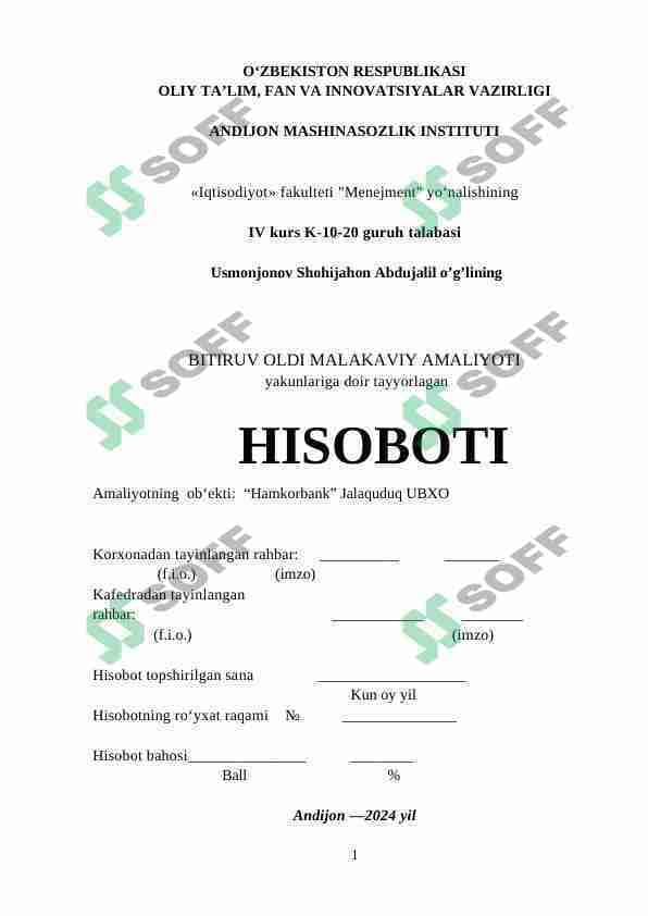 Bitiruv oldi malakaviy amaliyot hisoboti Hamkorbank