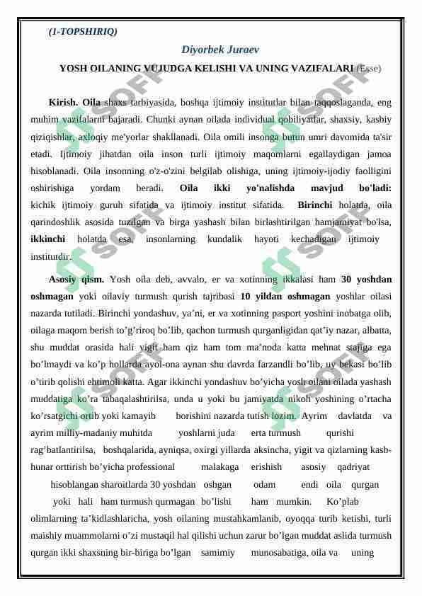 YOSH OILANING VUJUDGA KELISHI VA UNING VAZIFALARI (yunogogika)