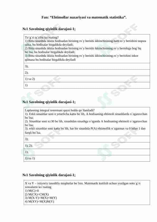 Ehtimollar nazariyasi va matematik statistika fanidan test savollari
