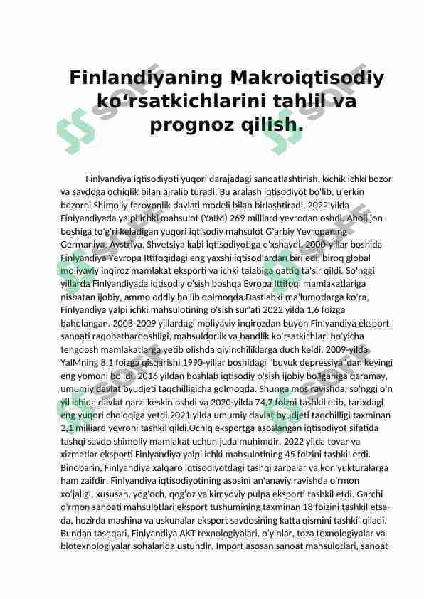 Finlandiyaning Makroiqtisodiy ko‘rsatkichlarini tahlil va prognoz qilish.