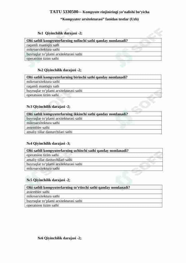 "Kompyuter arxitekturasi" fanidan testlar (uzbek tilida)