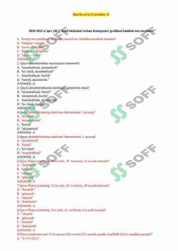 Kompyuter grafikasi yakuniy nazorat testi