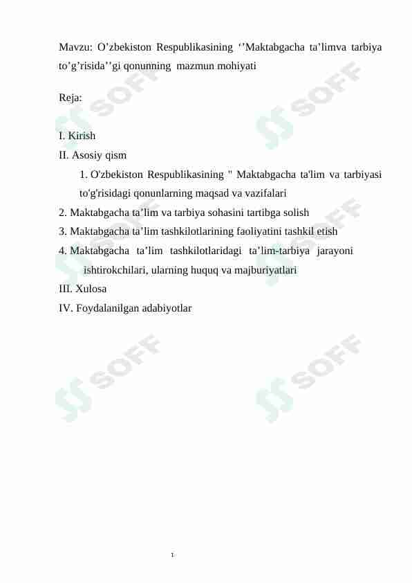 O'zbekiston Respublikasining ‘’Maktabgacha ta’lim va tarbiya to’g’risida’’gi qonunning mazmun mohiyati