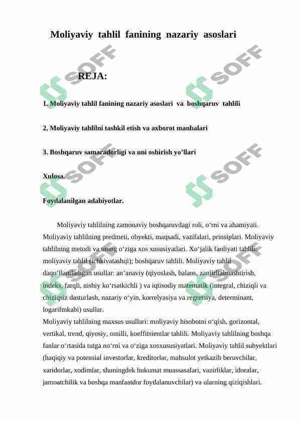 Moliyaviy tahlil fanining nazariy asoslari