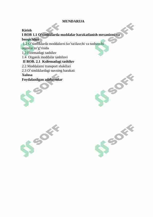 O'SIMLIKLARDA MODDALARNI HARAKATLANISH MEXANIZMLARI VA BOSQICHLARI