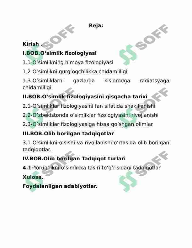 O'SIMLIKLAR FIZIOLOGIYASI BO'YICHA OLIB BORILAYOTGAN TADQIQOTLAR