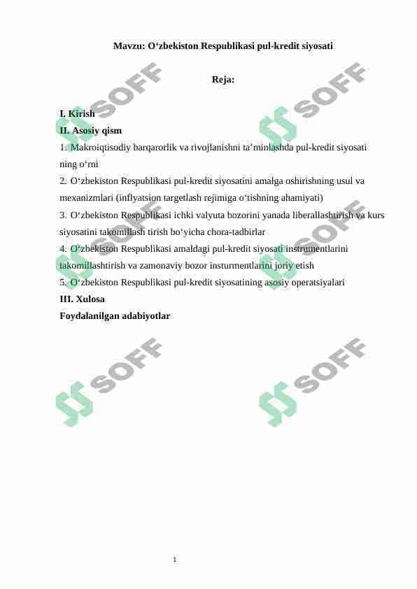 O'zbekiston Respublikasi pul-kredit siyosati