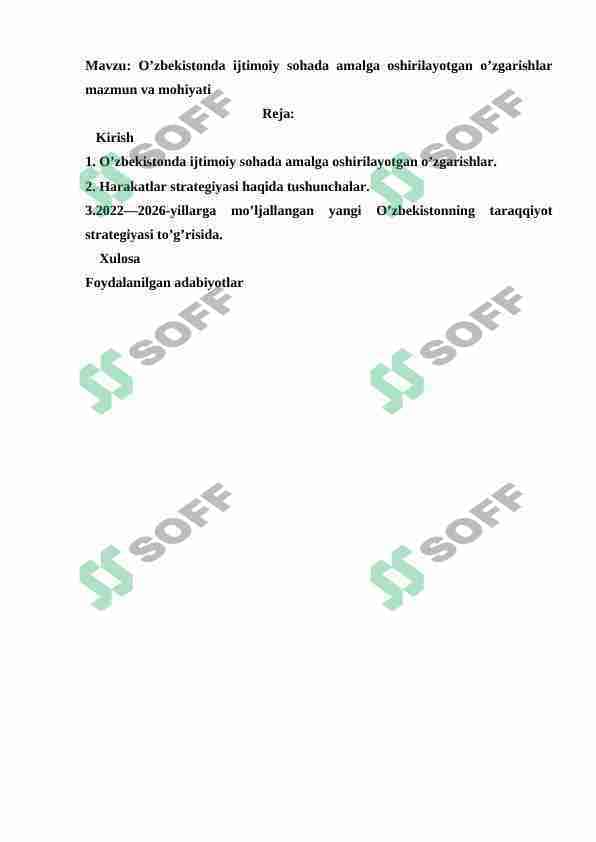 O'zbekistonda ijtimoiy sohada amalga oshirilayotgan o'zgarishlar mazmun va mohiyati