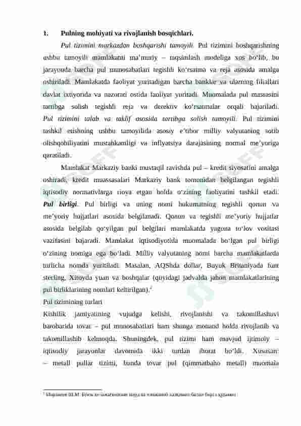 Bank ishi. Pul tizimi va turlari