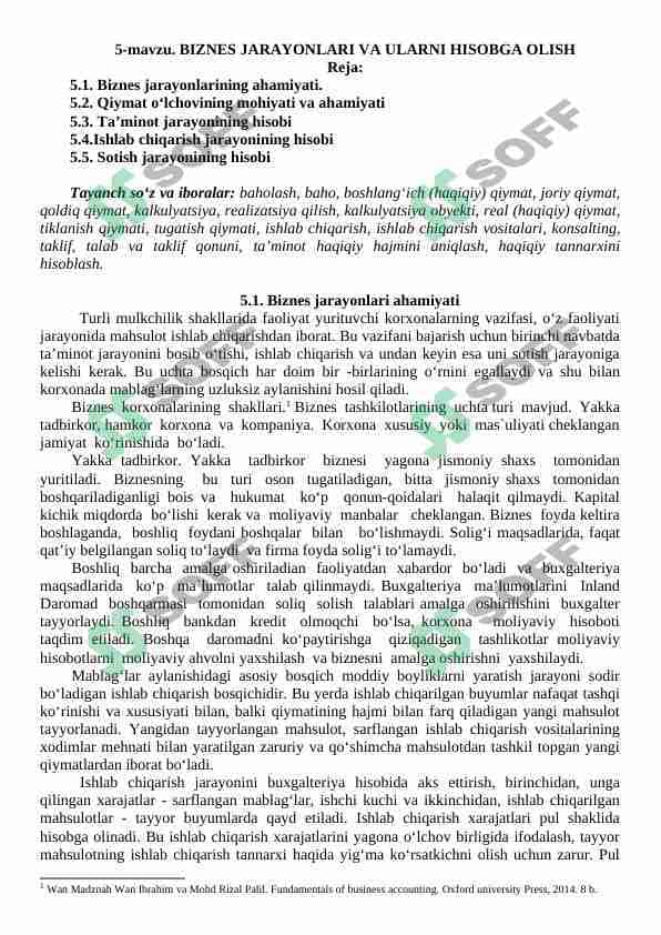 BIZNES JARAYONLARI VA ULARNI HISOBGA OLISH