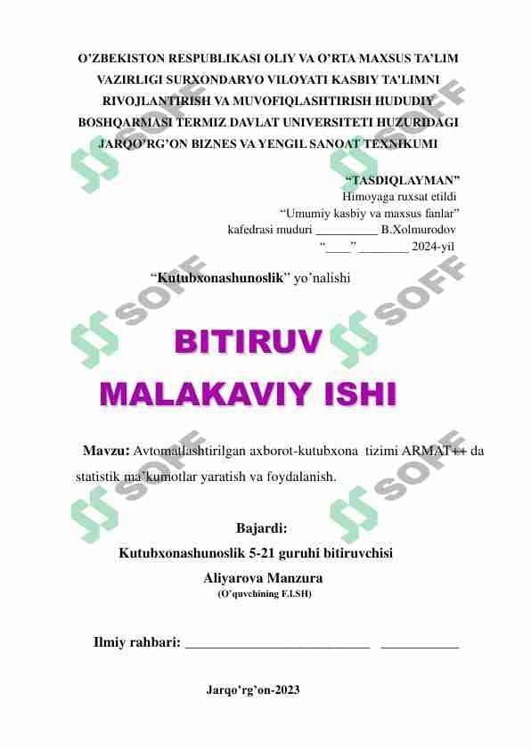 Avtomatlashtirilgan axborot-kutubxona tizimi ARMAT++ da statistik ma’kumotlar yaratish va foydalanish.