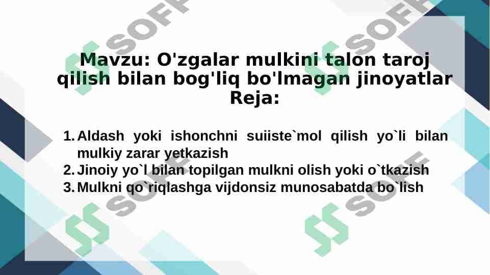 o'zgalar mulkini talon-taroj qilish bilan bog'liq bo'lmagan jinoyatlar