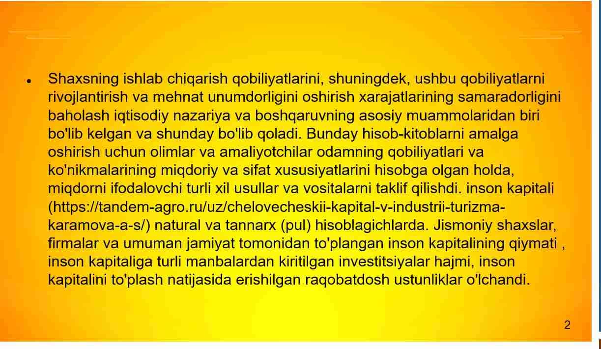 Inson kapitalidan foydalanish samaradorligini o’Ichash va baholash uslublari.