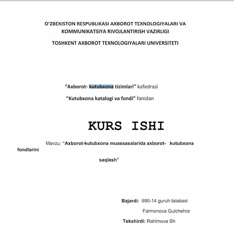 “Axborot-kutubxona muassasalarida axborot- kutubxona fondlarini
