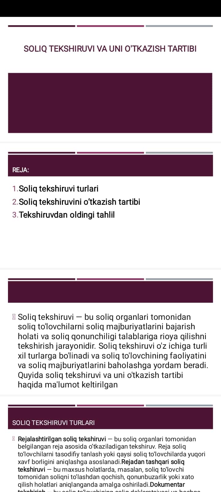 Soliq tekshiruvi va uni o'tkazish tartibi