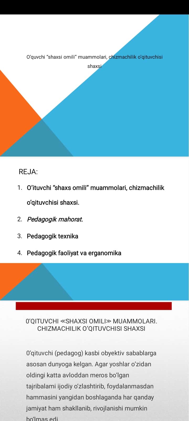 O’quvchi “shaxsi omili” muammolari, chizmachilik o’qituvchisi shaxsi