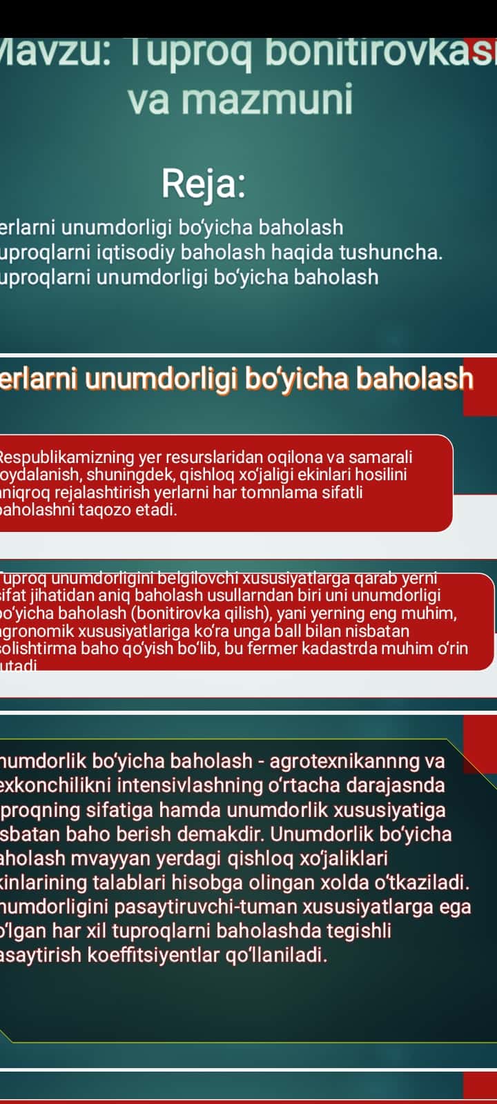 Tuproq bonitirovkasi va mazmuni