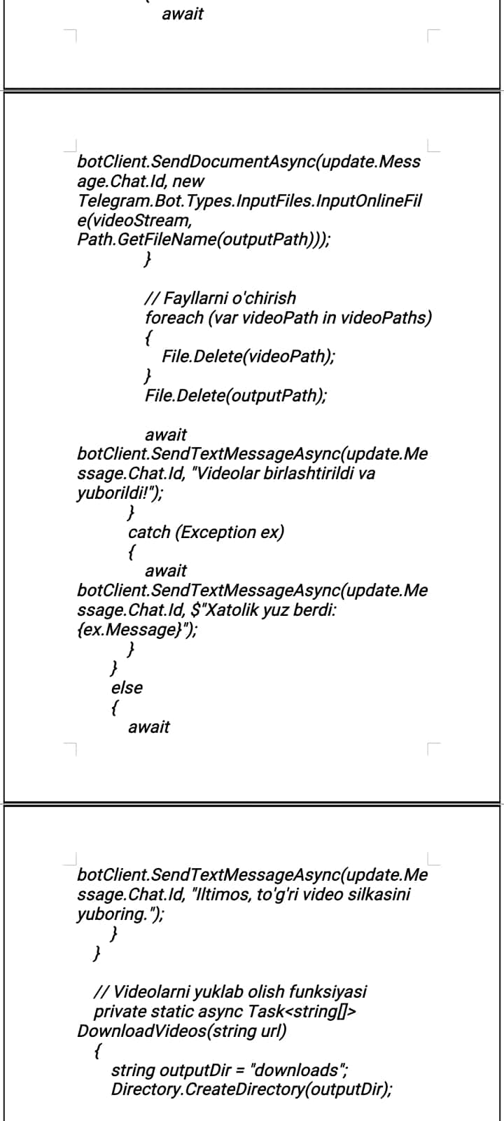 C# da Birnechta videolarni qo’shib mavtomatik montaj qiluvchi Telegram bot uchun kod