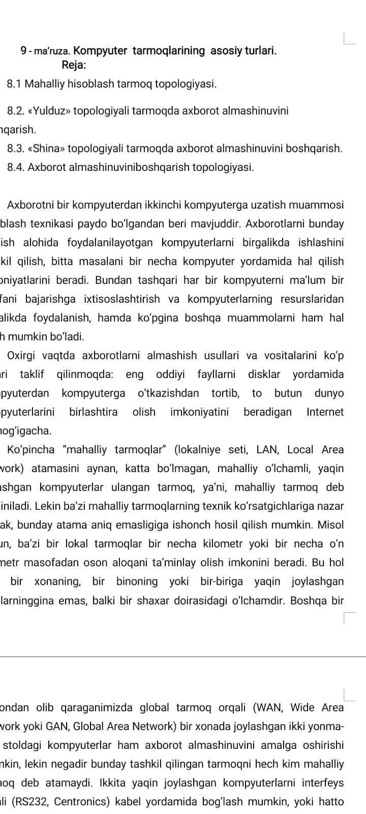 Kompyuter tarmoqlarining asosiy turlari.