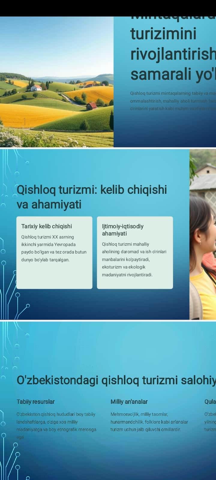 Mintaqalarda qishloq turizimini rivojlantirishning samarali yo'llari