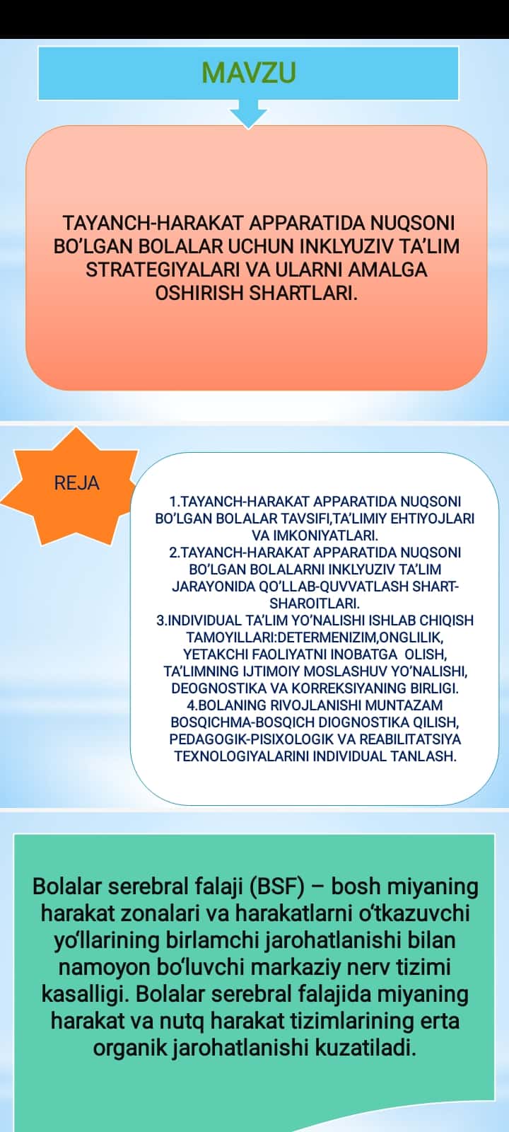TAYANCH-HARAKAT APPARATIDA NUQSONI BO’LGAN BOLALAR UCHUN INKLYUZIV TA’LIM STRATEGIYALARI VA ULARNI AMALGA OSHIRISH SHARTLARI