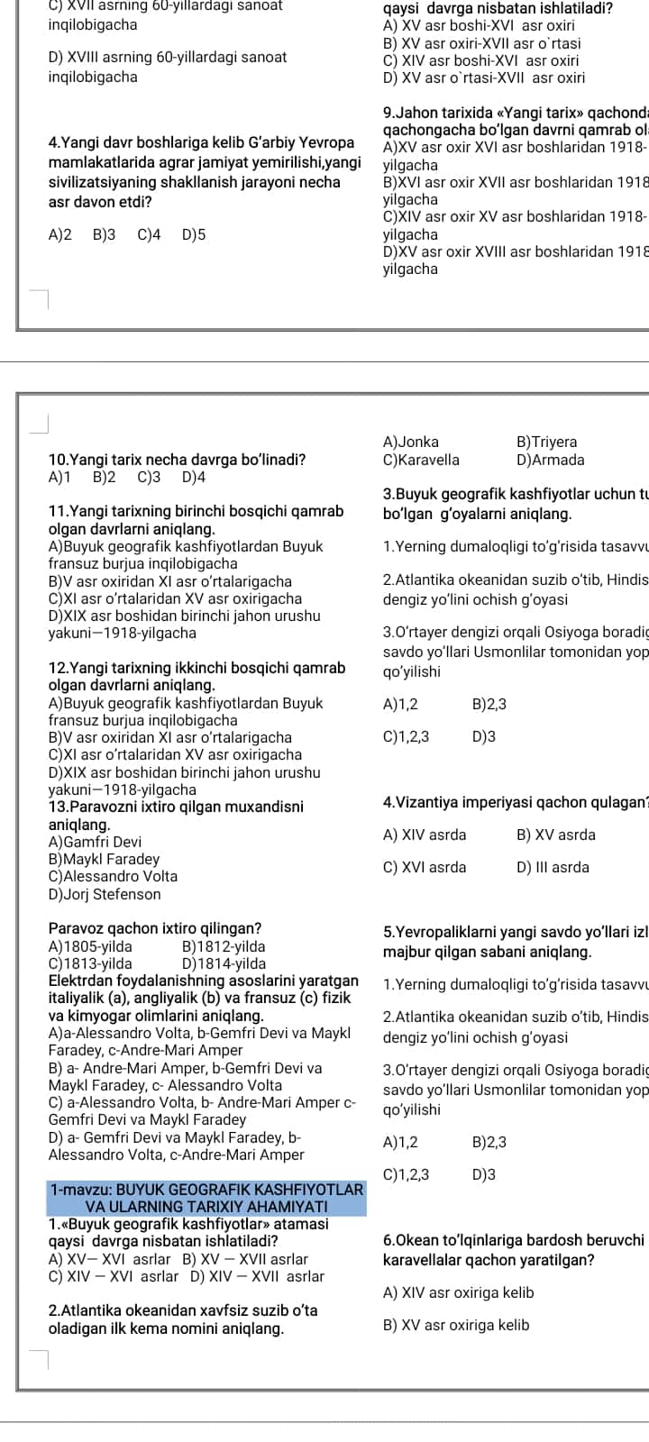 8 sinf jahon tarixi yangi test
