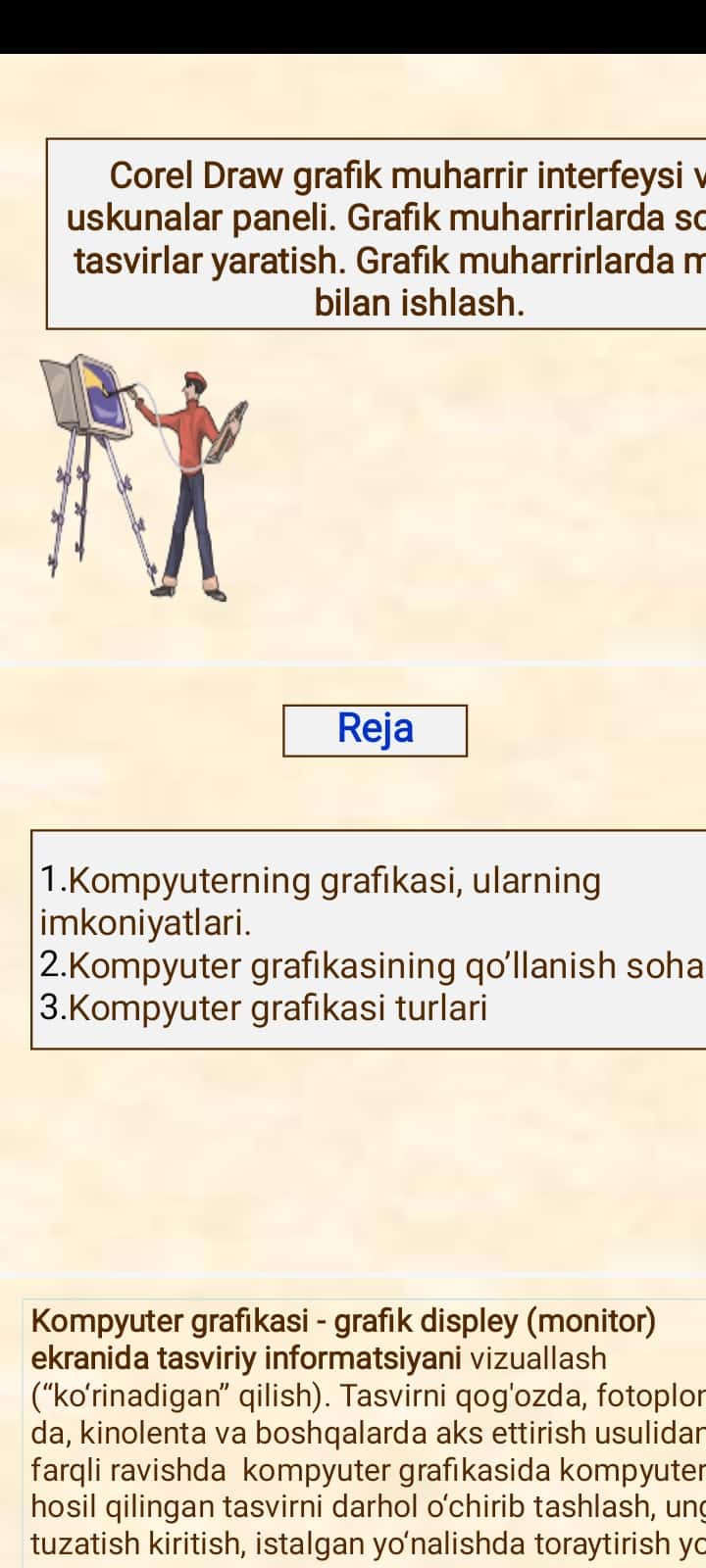 Corel Draw grafik muharrir interfeysi va uskunalar paneli. Grafik muharrirlarda sodda tasvirlar yaratish. Grafik muharrirlarda matn bilan ishlash.