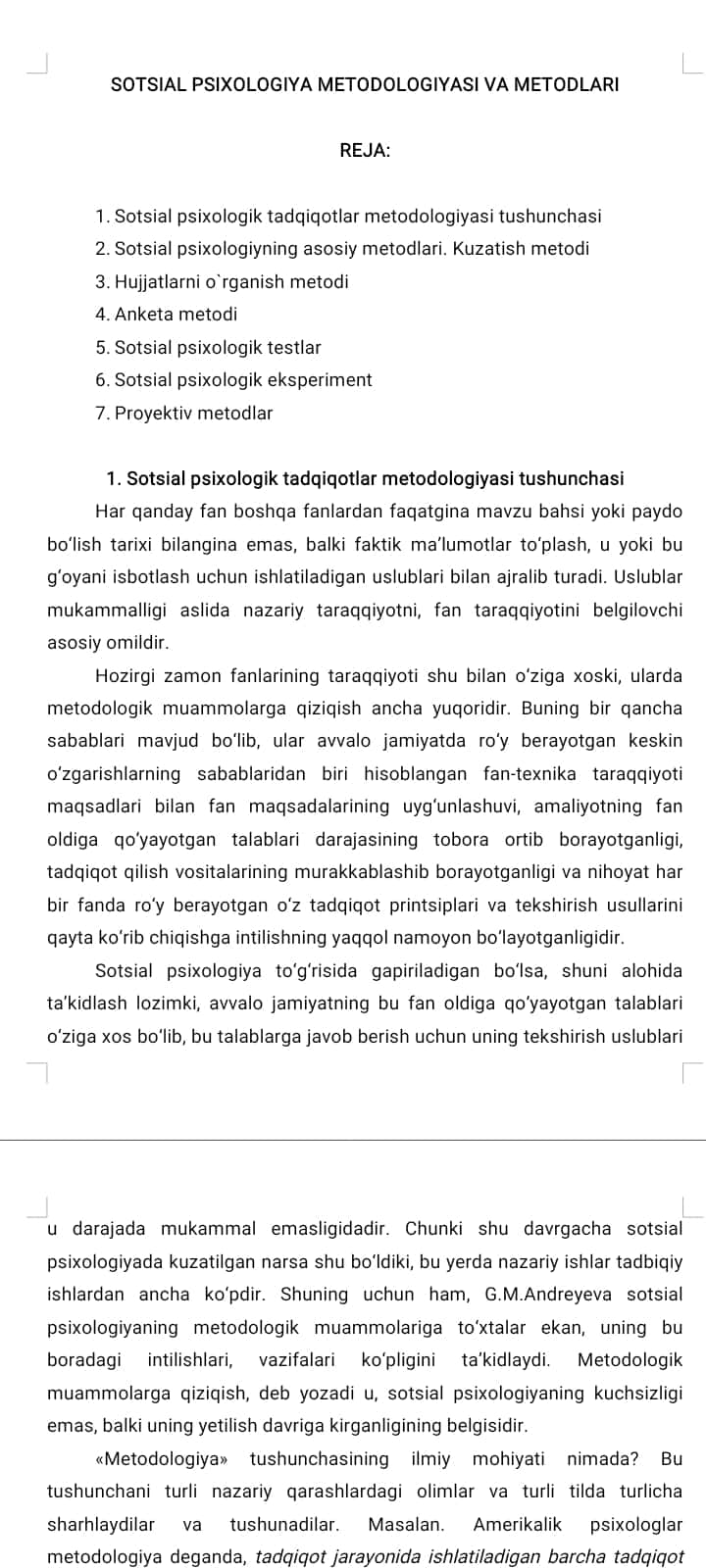 SOTSIAL PSIXOLOGIYA METODOLOGIYASI VA METODLARI
