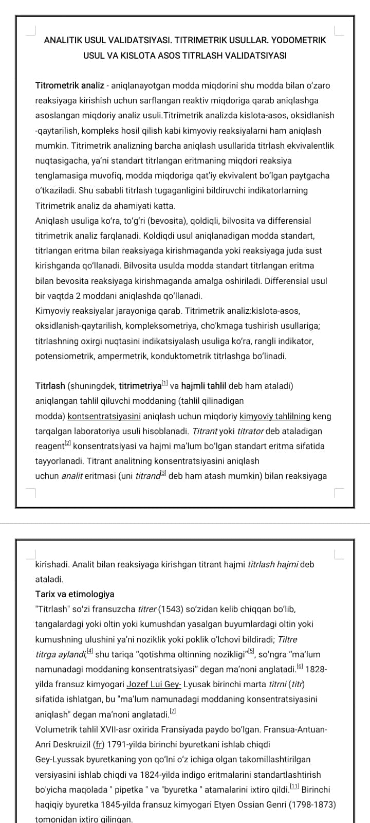 Analitik usul validatsiyasi. Titrimetrik usullar. Yodometrik usul va kislota asos titrlash validatsiyasi