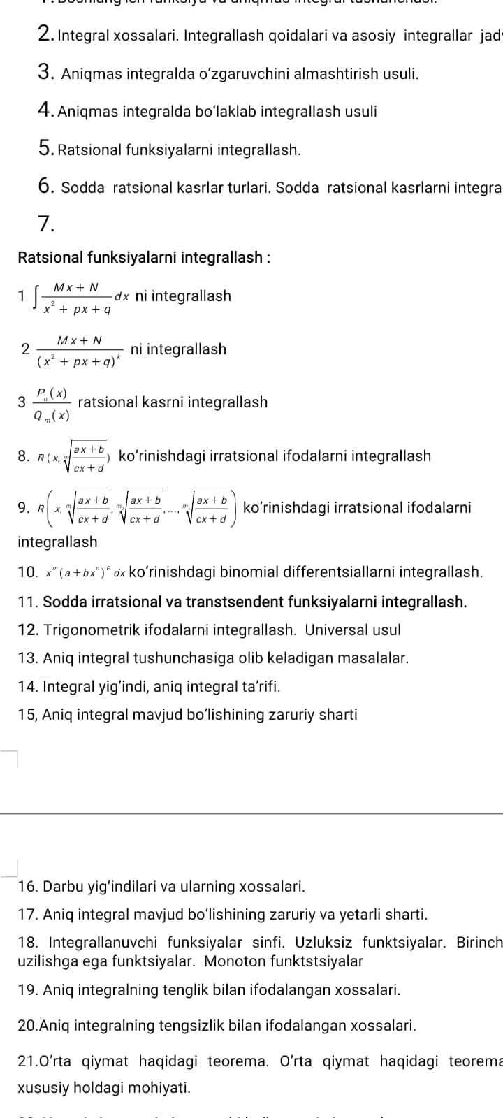 Matematik analiz 1 kurs yakuniy savollari