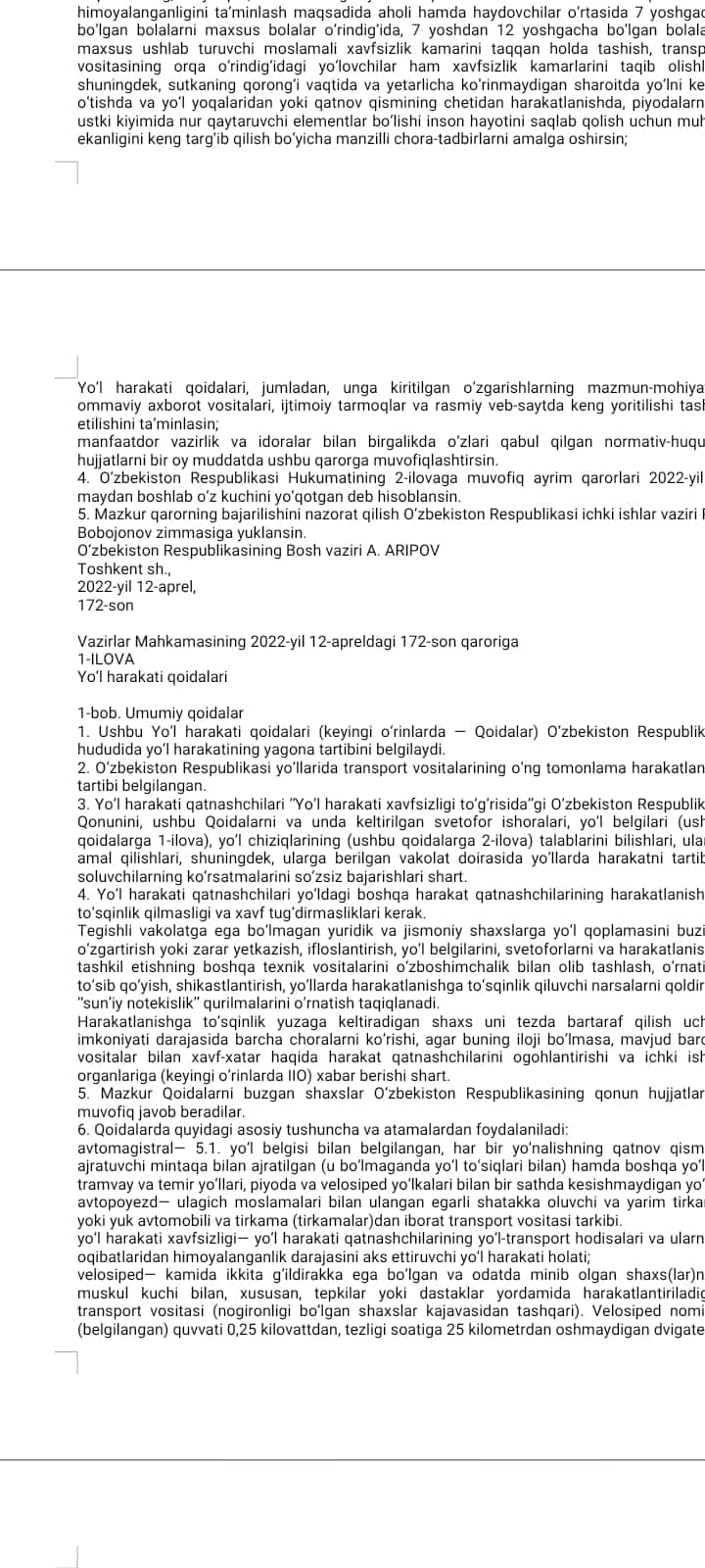 O‘ZBEKISTON RESPUBLIKASI VAZIRLAR MAHKAMASINING QARORI YO‘L HARAKATI QOIDALARINI TASDIQLASH TO‘G‘RISIDA