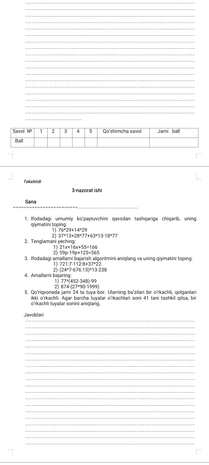5-sinf matematikadan nazorat ishi daftari 2025