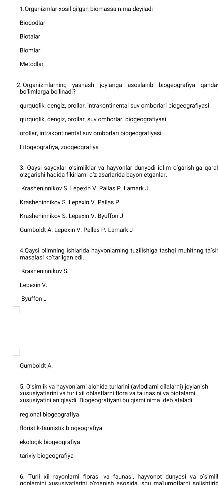 Test biogeografiya 2025