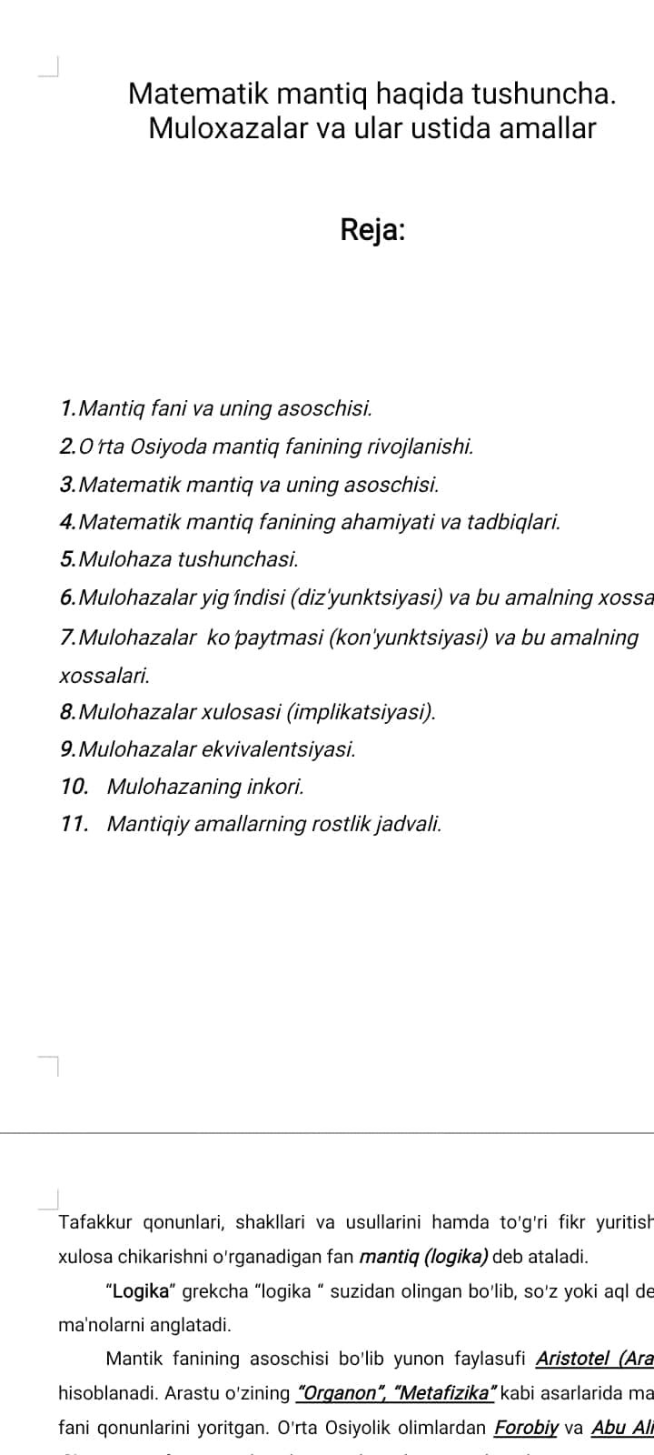 Matеmatik mantiq haqida tushuncha. Muloxazalar va ular ustida amallar