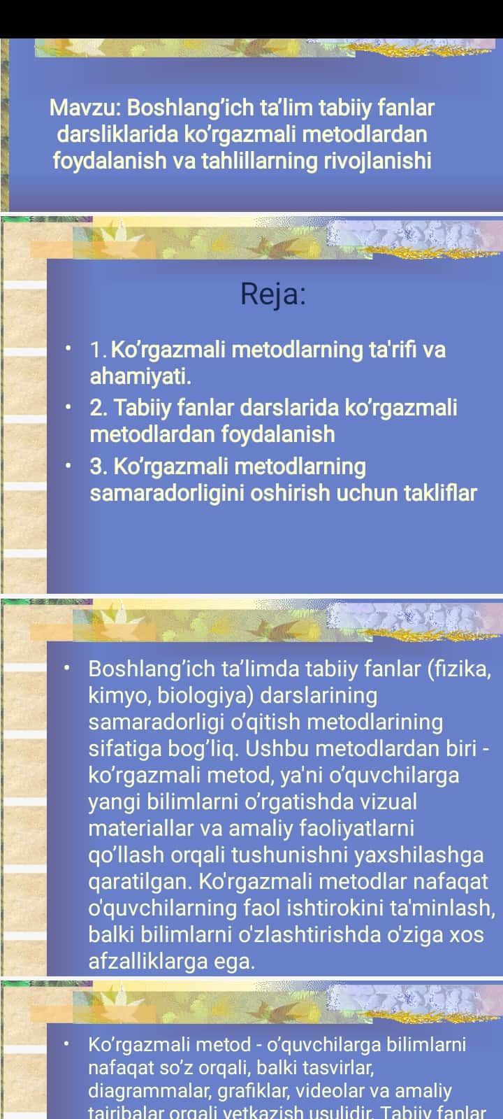 Boshlang’ich ta’lim tabiiy fanlar darsliklarida ko’rgazmali metodlardan foydalanish va tahlillarning rivojlanishi