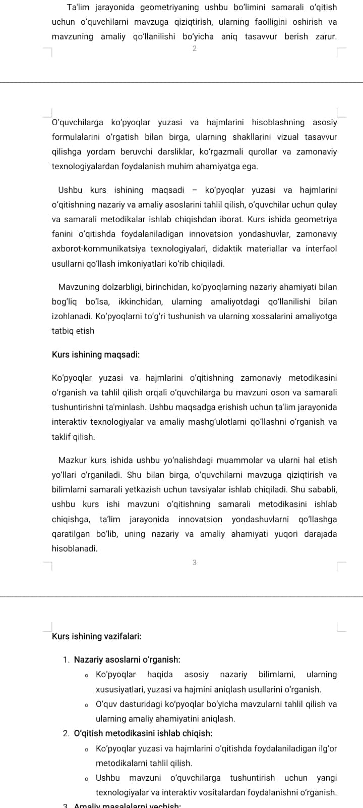 GEOMETRIYA KURSIDA KOʻPYOQLAR YUZA VA HAJMLARNI OʻQITISH METODIKASI
