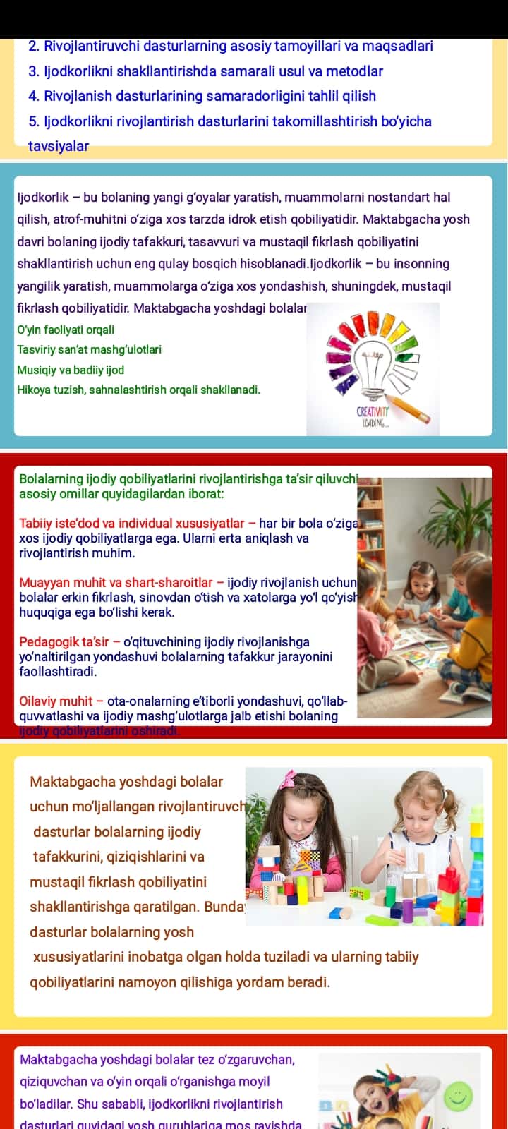 Maktabgacha yoshdagi ijodkorlikni shakllantirishda rivojlanish dasturlarining samaradorligi| 10 ta Glossary+ 5ta test