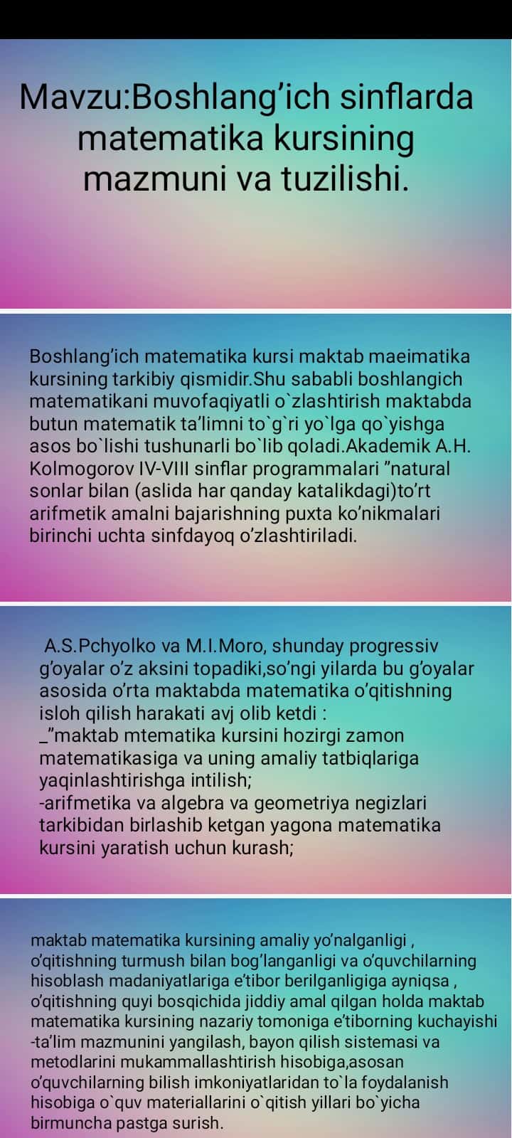 Boshlang’ich sinflarda matematika kursining mazmuni va tuzilishi.