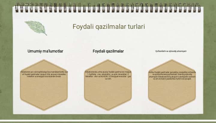 O'zbekistonning foydali qazilmalari haqida ma'lumotlar tayyorlash va xaritada belgilash