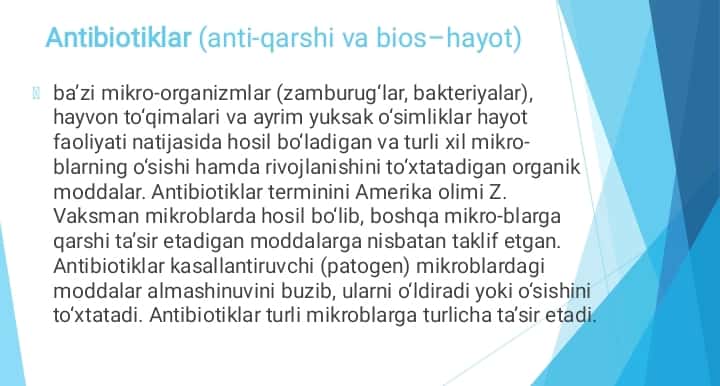 Mavzu; Kimyoterapiya va antibiotiklar,tasnifi,talablari,asoratlari.Bakteriyalarni antibiotiklarga sezgirligini aniqlash usullari