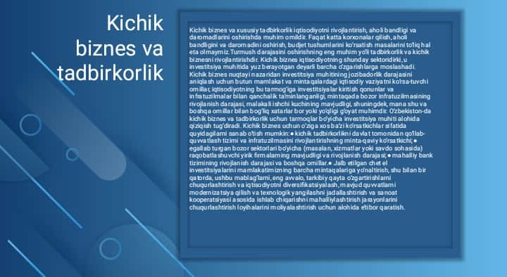 Kichik biznes va tadbirkorlikka xorijiy investitsiyalarni jalb qilish
