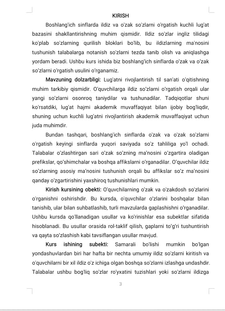 Boshlang`ich sinflarda oʻzak va oʻzakdosh soʻzlarni oʻrgatish uslubi