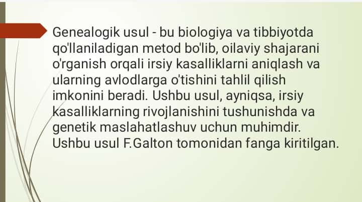 Geneologik usulning irsiy kasalliklarni aniqlashda qoʻllanilishi