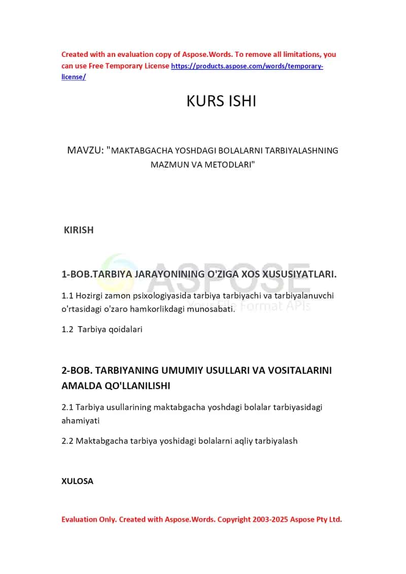 Kurs ishi: Maktabgacha yoshdagi bolalarni tarbiyalashning mazmun va metodlari