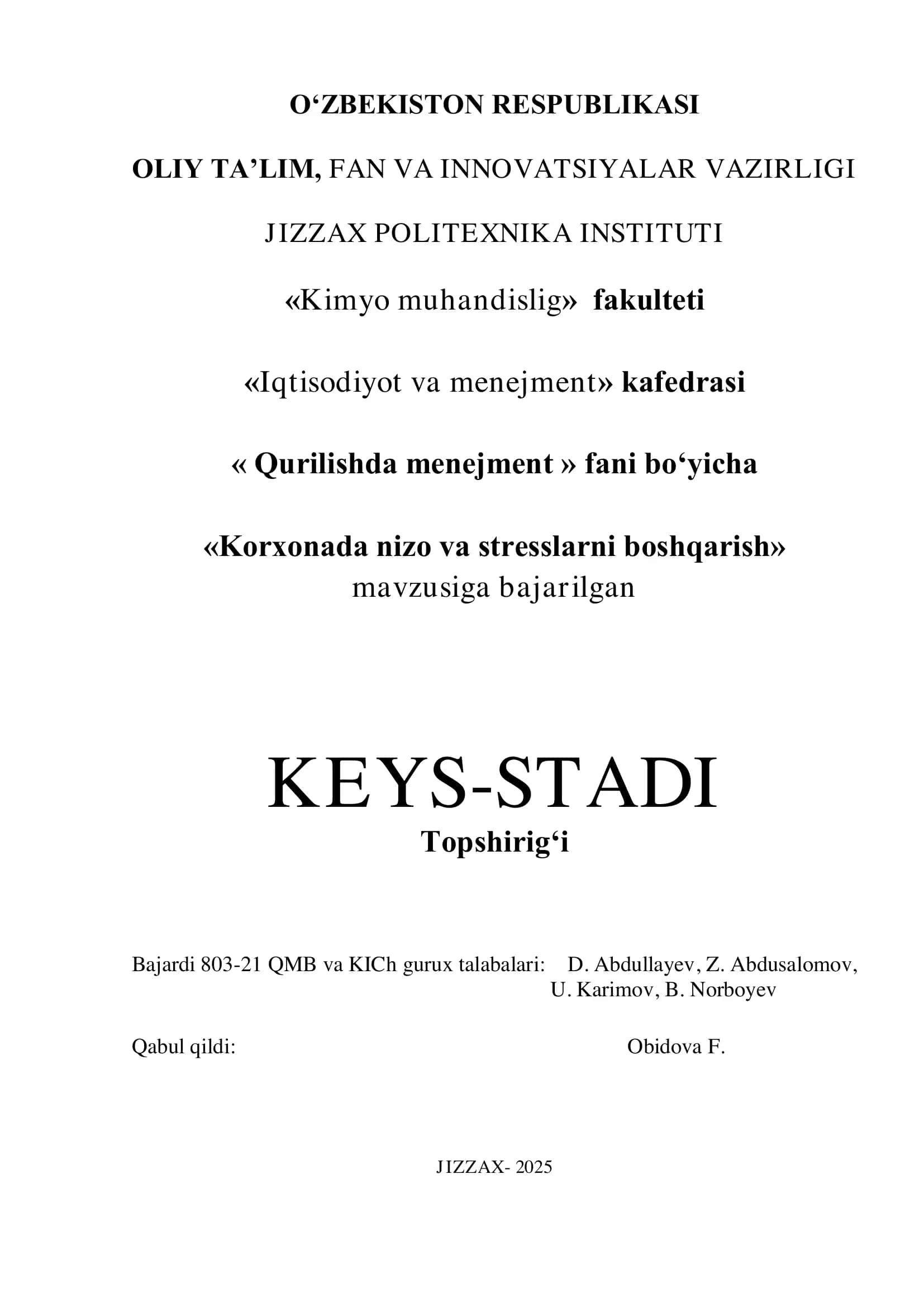 Korxonada nizo va stresslarni boshqarish. Keys-stadi