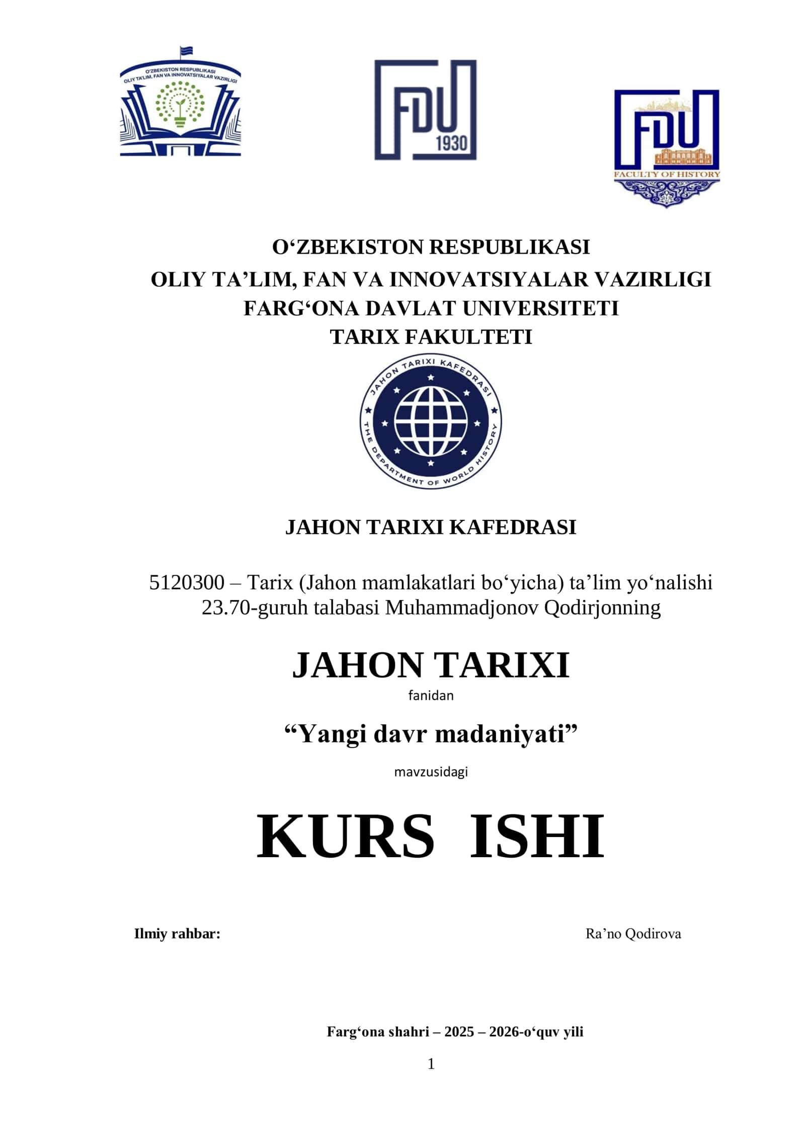 “Yangi davr madaniyati” kurs ishi