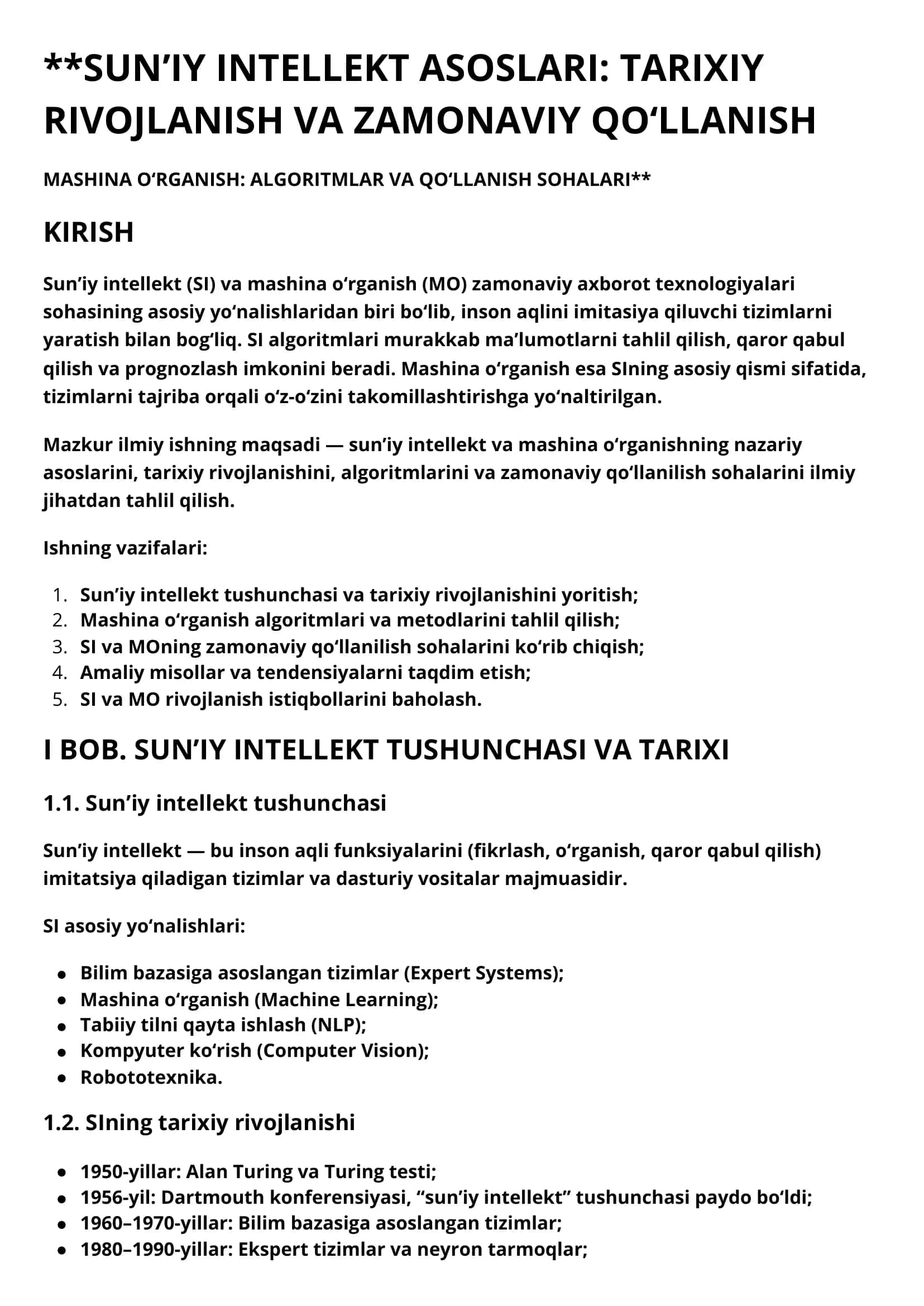 SUN’IY INTELLEKT ASOSLARI: TARIXIY RIVOJLANISH VA ZAMONAVIY QO‘LLANISH MASHINA O‘RGANISH: ALGORITMLAR VA QO‘LLANISH SOHALARI