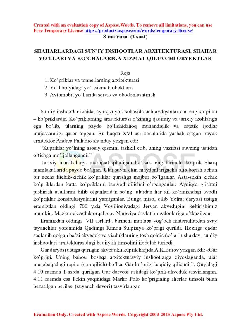 8-ma’ruza. Shaharlardagi sun’iy inshootlar arxitekturasi va yo‘l xizmati obektlari
