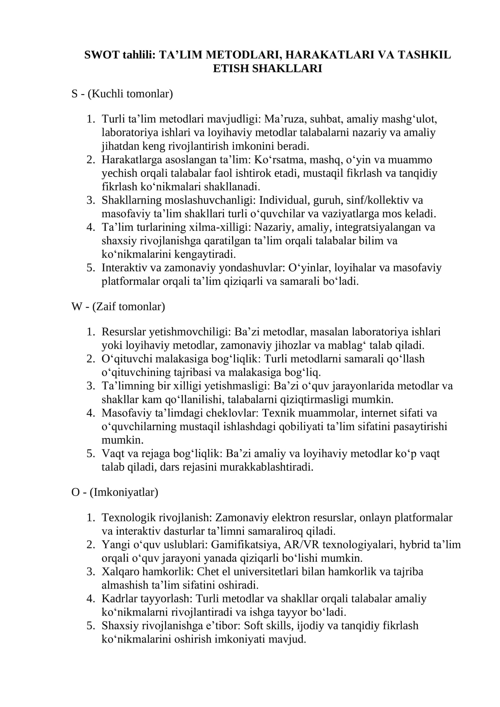 SWOT tahlili: TA’LIM METODLARI, HARAKATLARI VA TASHKIL ETISH SHAKLLARI